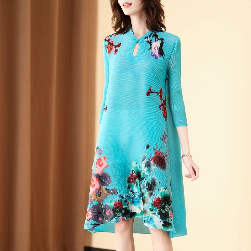 

Vintage Dress Plus Size For Women 45-75kg Spring And Summer Fashion Chinese Style Printed 3/4 Sleeve Improved cheongsam dress