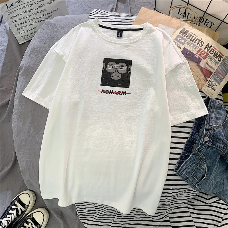 GCAROL 2020 Spring Summer Women Cartoon T-shirt Oversized Graphic Stripes Graffiti Long Tees Multi-design harajuku Tops