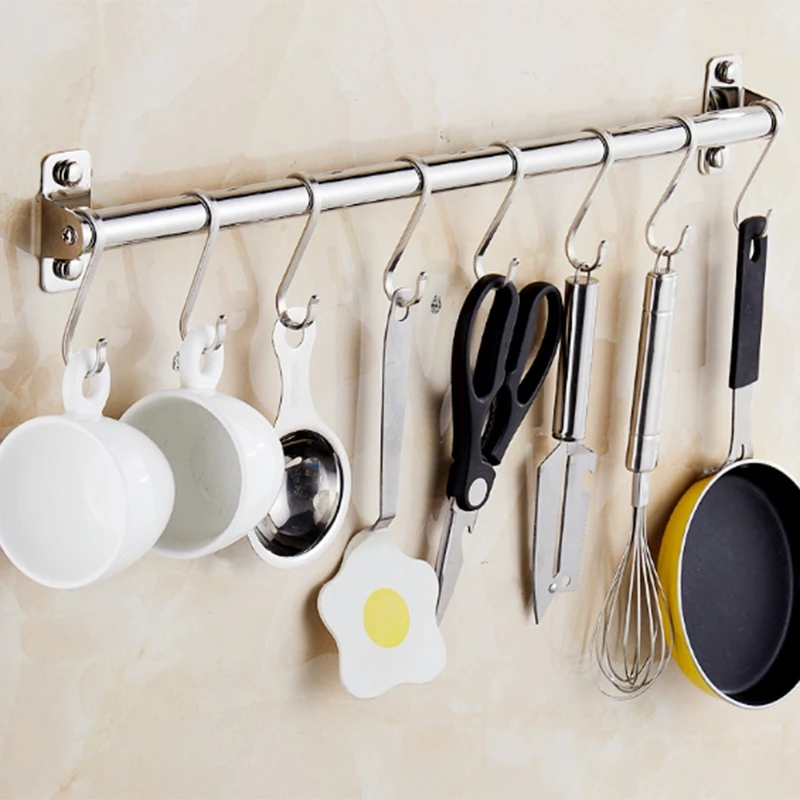 ABUI-Diy Stainless Steel Kitchen Rack Wall Mounted Kitchen Hanger Bathroom Holder Hanging Rod Organizer Multi-Function Rod with