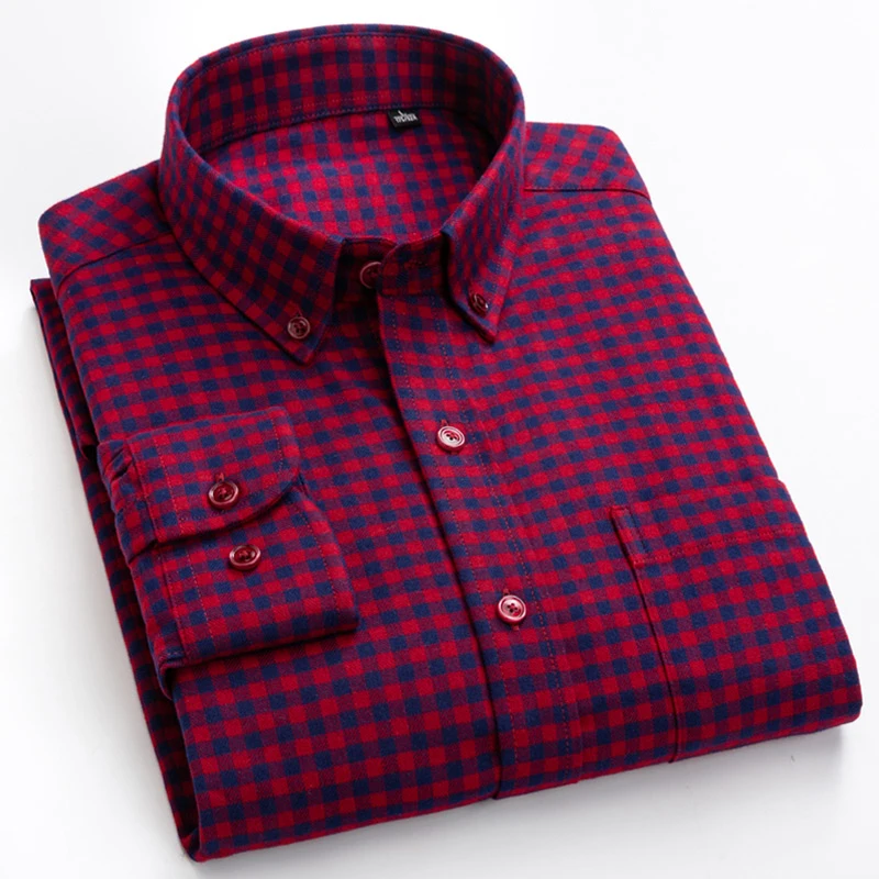 Men's Casual Button Down Brushed Cotton Shirt Long Sleeve Standard-fit Comfortable Thick Gingham Plaid Flannel Shirts