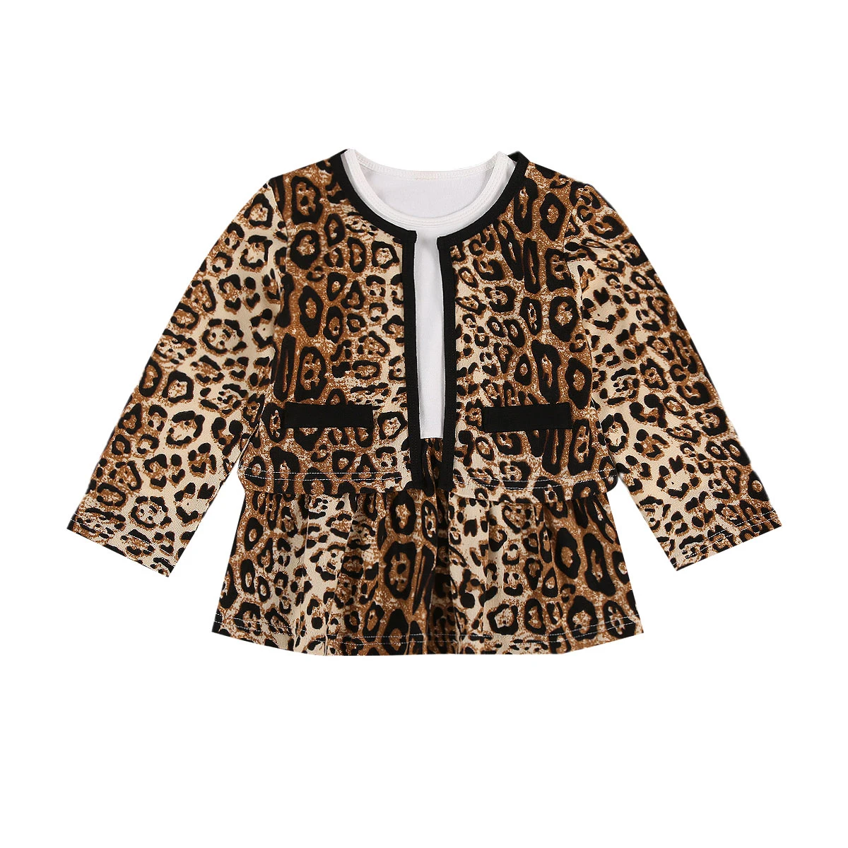 

2Pcs Baby Kid Girl Retro Style Leopard Print Dress Set Round Neck Long Sleeve Short One-piece Dress Fashion Two Pocket Coat