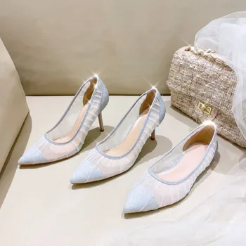 

net yarn hollow-out the fairy flat single sequined shoes wedding shoe web celebrity pointed transparent OL high heels