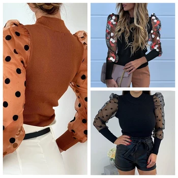 

New Lady Embroidery Lantern Sheer Mesh Sleeve Blouse Shirts Women Autumn Polka Dot Print Pullovers See Through Blouse Tops