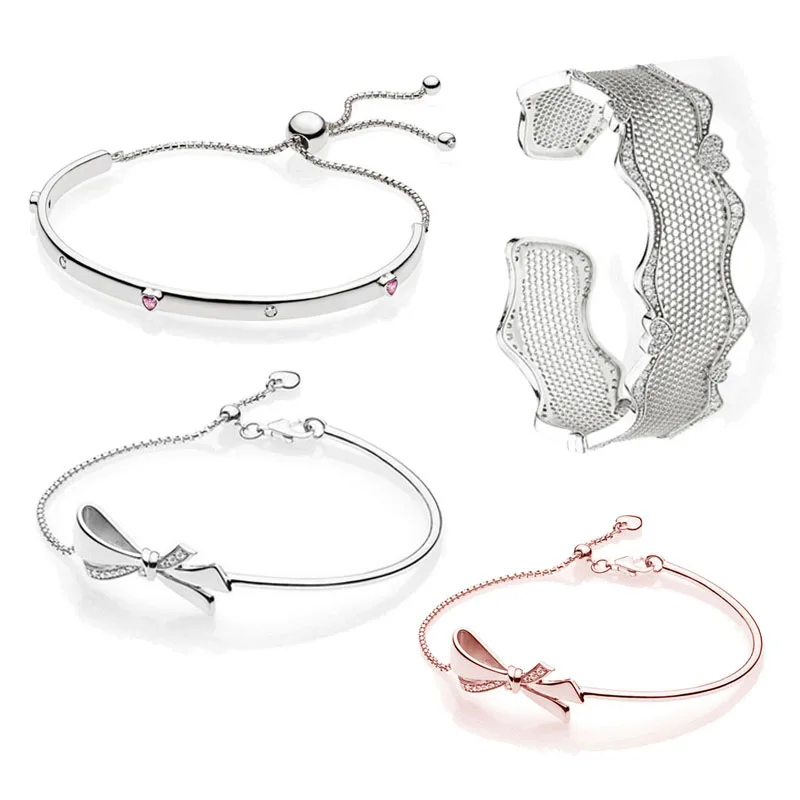 

Original 925 Sterling Silver Explosion Lace Of Love Brilliant Bow Pans Sliding Bangle for Women Fine Bracelet Jewelry Gifts
