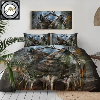 

A Song for the Moons Reflection by SunimaArt Bedding Set Howling Wolves Duvet Cover Dreamcatcher Bedclothes Animal Home Textiles