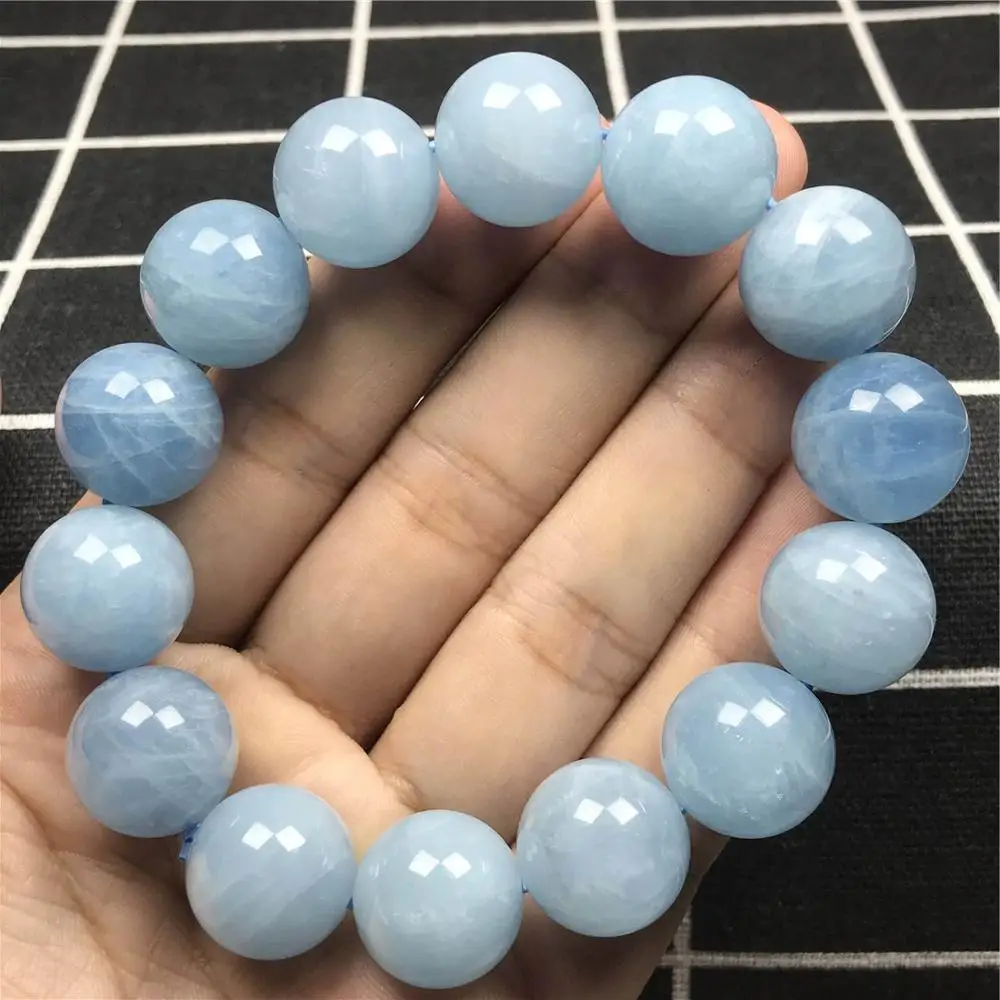 

15mm Natural Blue Clear Aquamarine Bracelet For Woman Man Crystal Round Beads Gemstone Healing Gemstone Fashion Bracelet AAAAA
