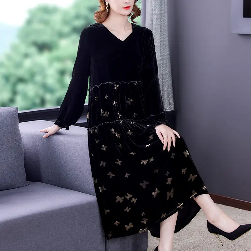 

Autumn Dress 2021 New Hooded Printed Temperament High-End Fashion Black Velvet Dress Women Elegant Long Sleeve Vestidos M622