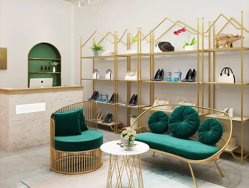 

Shoe store shoe shelf display shelf on the wall display shelf multi layer shelf gold decoration clothing store bag shelf