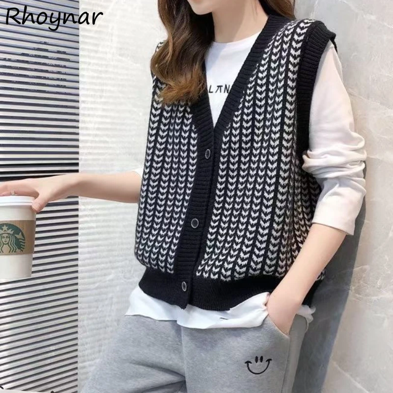 

Sweater Vests Women Elegant Fashion Sleeveless Korean Style Female Vintage V-neck Single Breasted Casual Striped Autumn Knitted