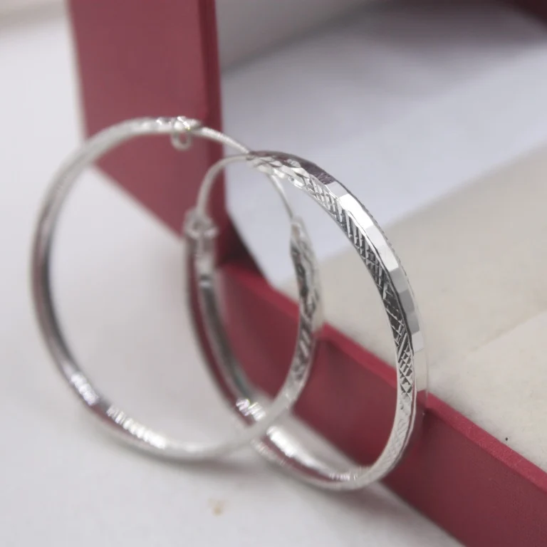 

Real 18K White Gold Earrings Woman's Carved Big Circle Hoop Earrings Lucky 35mmDia