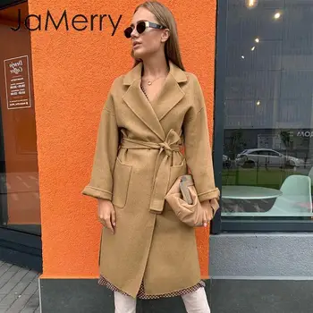 

JaMerry Elegant office work wear long blend coat Sashes pockets autumn winter female overcoats Long sleeve outwear tweed coat s