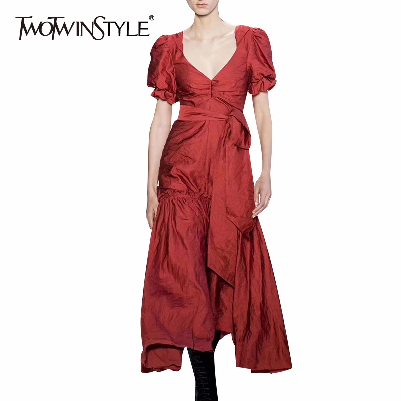 TWOTWINSTYLE платье с рукавами фонариками v образным вырезом коротким рукавом высокой