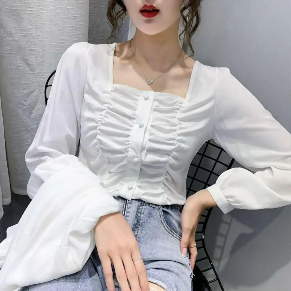 Free Shipping Solid Square Collar Women's Puff Long Sleeve Shirt Vintage Single Breasted Lady Blouse Black White Green Yellow | Женская
