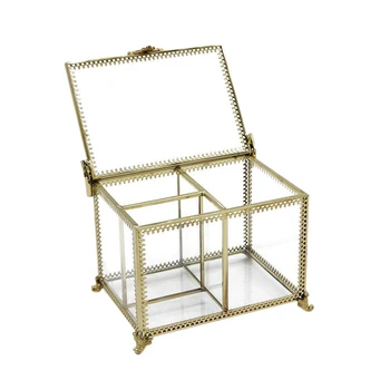 

Makeup Organizer Box Brass Frame Cosmetic Cotton Glass Display Cases Dresser Dustfree Antique Decorative Storage Box