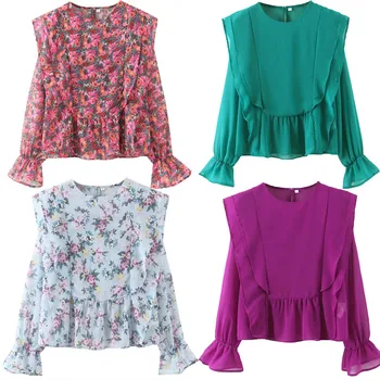 

Za 2020 Ruffled Print Shirt Women Long Sleeve V-neck Blouse Elastic Cuffs Back Opening Fashion Chiffon Summer Woman Shirts