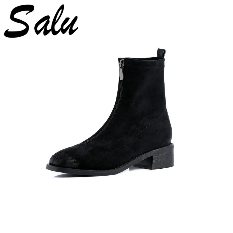 

Salu Quality Cow Suede Leather Short Basic Boots Women Zipper Women Ankle Boots Round Toe Square Heels Party Shoes Woman