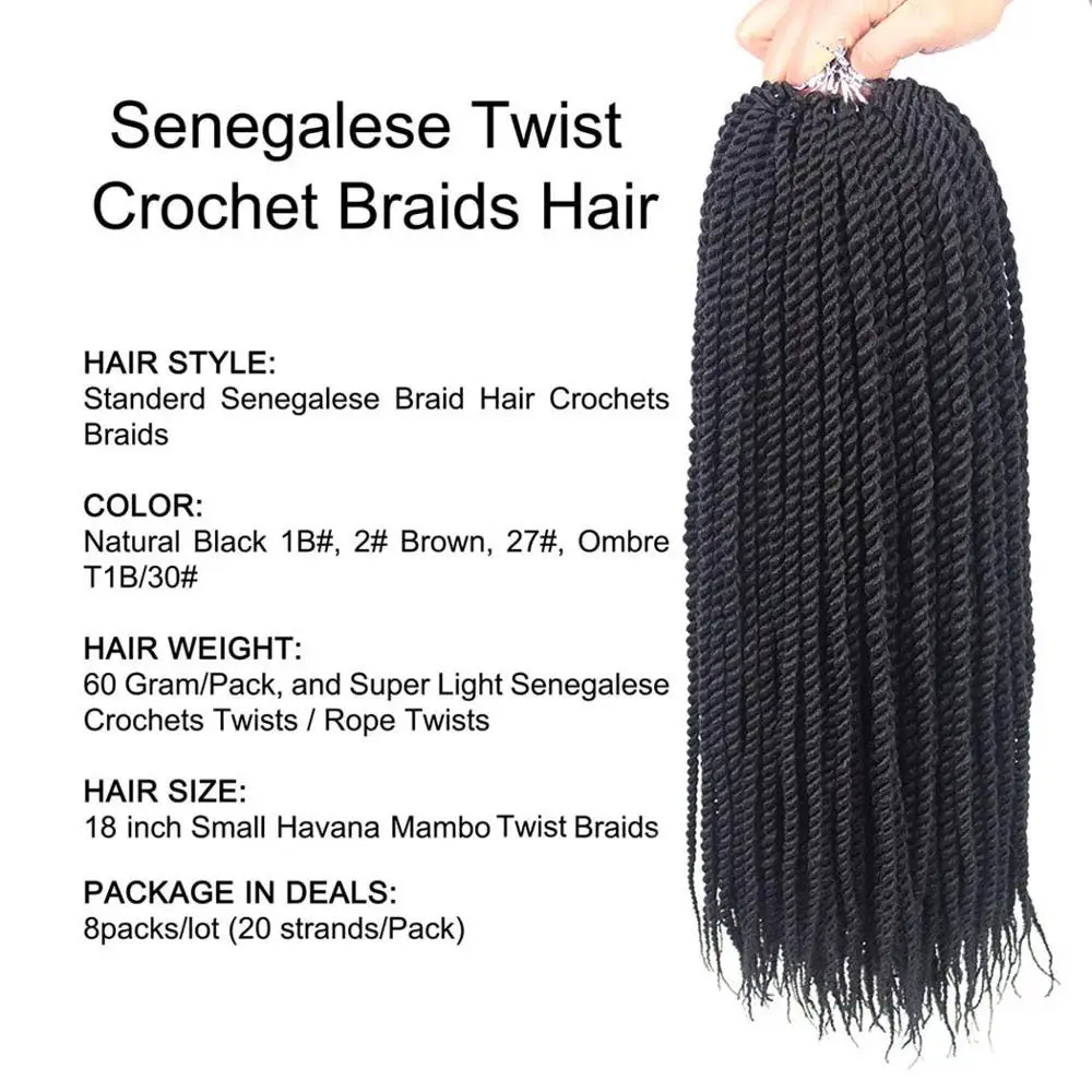 Natifah Сенегальские скрученные волосы на крючках косички волосы 18 дюймов Синтетические косички для наращивания волос 30 корней/упаковка коричневые косички