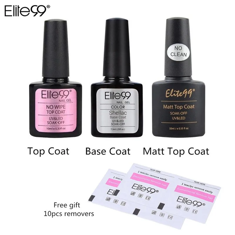 

Elite99 Base Coat and Semi-Permanent Top Coat Matte Top Coat UV LED Nail Gel Polish 3pcs Nail Polish Kit with 10pcs of Removers