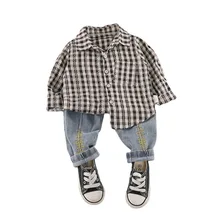 Conjunto de 2 unids/set de ropa de algodón para niños pequeños, chándal de moda para primavera y otoño, camisa a cuadros, Pantalones