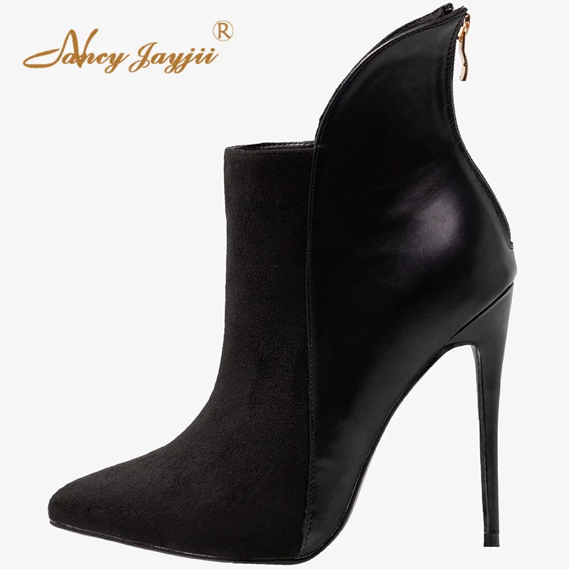 

Patchwork Black High Thin Heels Ankle Boots Women Stilettos Pointy Toe Zipper Ladies Winter Booties Shoes Large Size 11 Mature