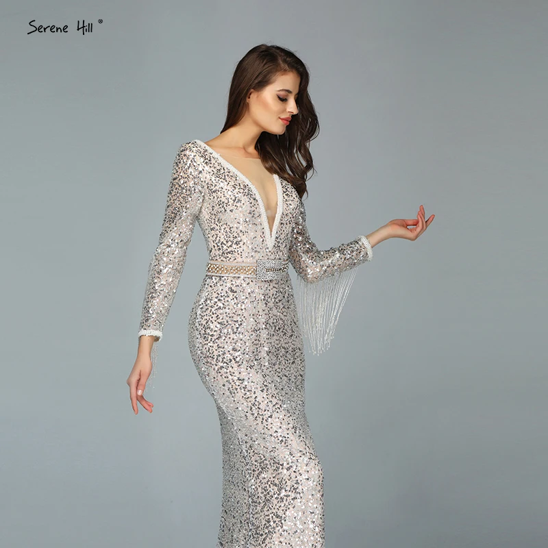 Дубай Серебряный v-образным вырезом кисточкой бисером вечерние платья с длинным рукавом роскошные сексуальные вечерние платья Serene Хилл LA60770