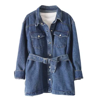 

2020 new Korean Spring Autumn Long Trench Coats Women's fashion loose Lace-up waist Large Size Denim Windbreaker Outerwear m522