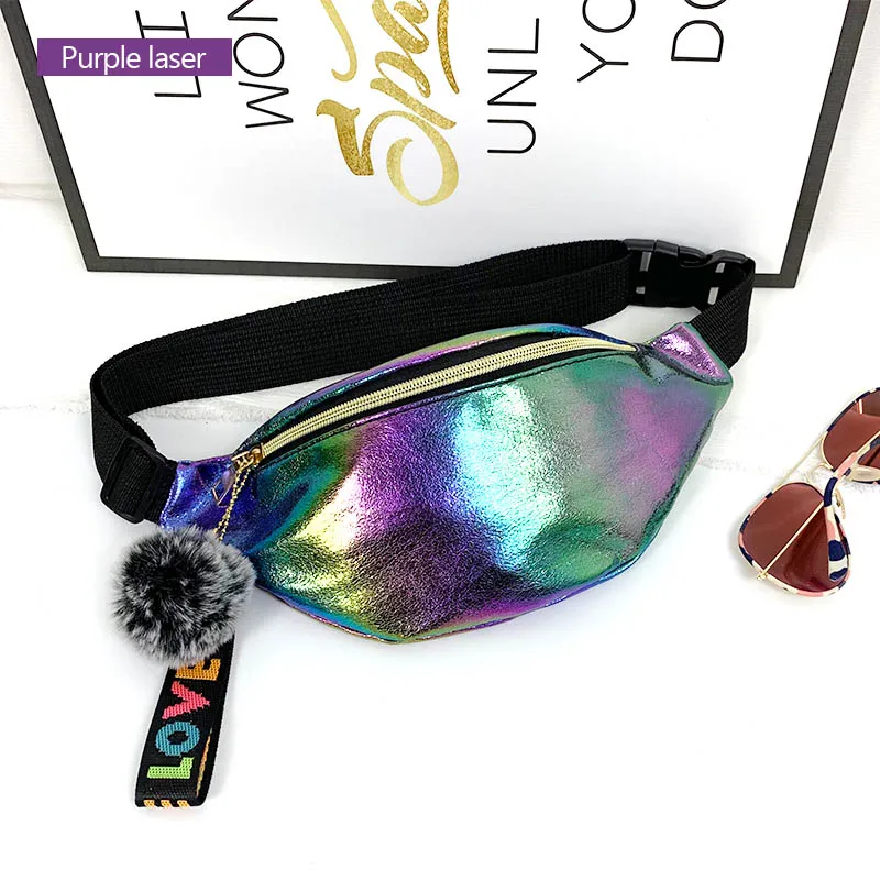 AIREEBAY новые модные женские поясные сумки с милым шаровым кулоном голографическая поясная сумка для девочек кожаная Водонепроницаемая лазерная сумка - Цвет: 4207purple