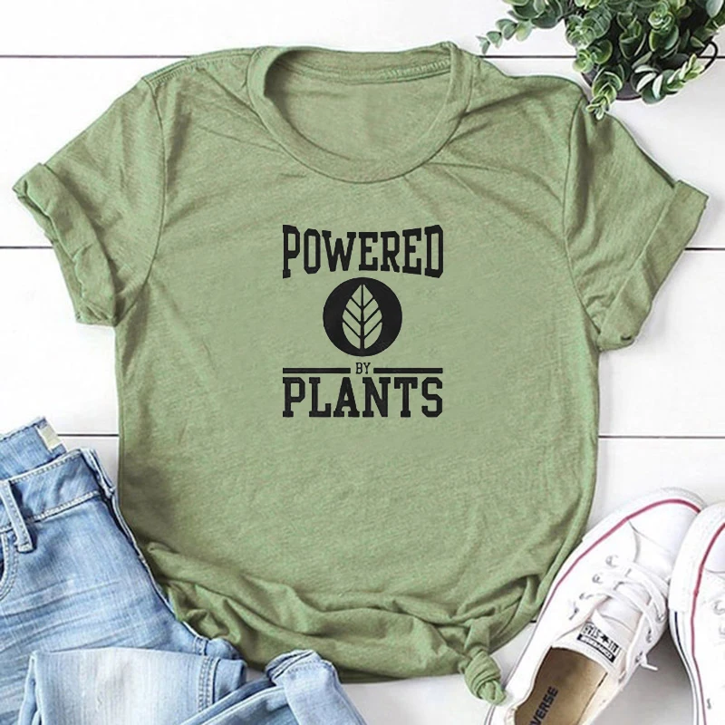 

powered by plants Botany flower T-Shirts 100% cotton crewneck short sleeve funny fashion cute top tees T shirts for women Ladies