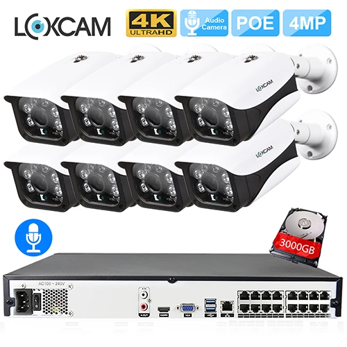 LOXCAM H.265+ 4K 5MP POE NVR CCTV камера системы 4MP Аудио Открытый Антивандальный ночное видение IP камера 16ch комплект видеонаблюдения - Цвет: 16CH NVR x 8 Camera
