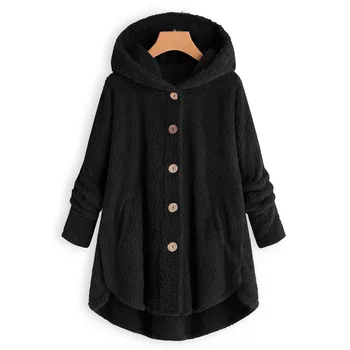 

Women Plush coat Plus Size Button Plush Tops Hooded Loose Cardigan Wool Coat Winter Keep warm Jacket