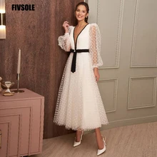 

Fivsole Real Photo V-neck A Line Wedding Dresses 2021 Vestido De Noiva Dotted Tulle Blash Sash Sleeves Wedding Bridal Gowns
