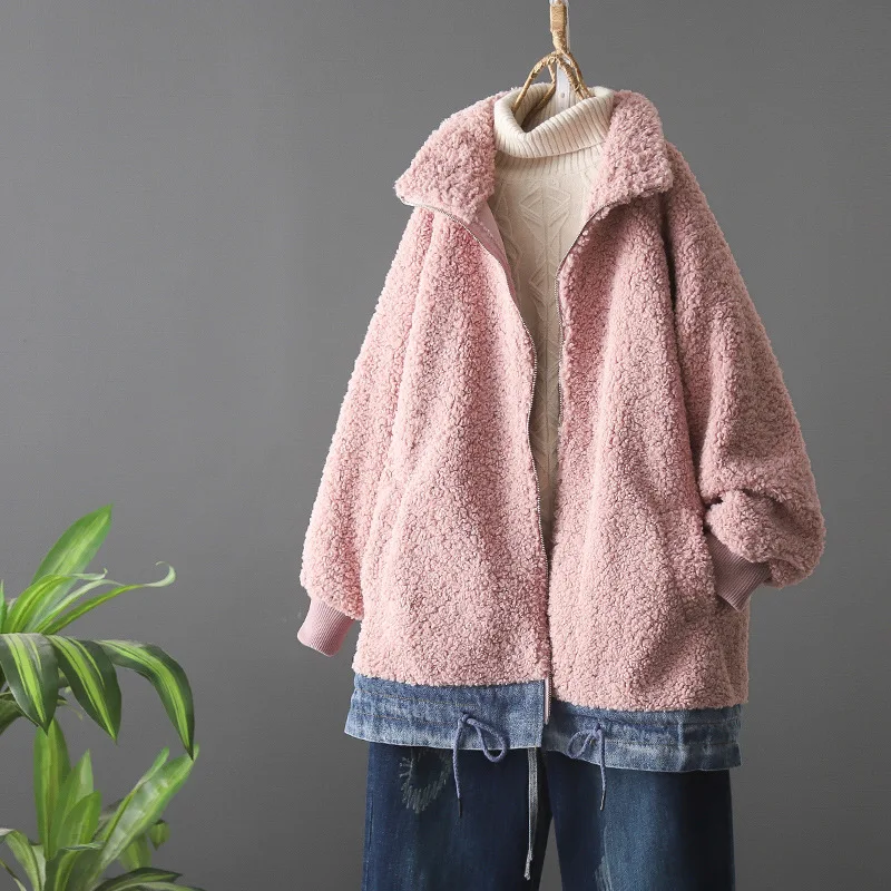 pink Элегантное женское пальто из искусственного меха, теплое толстое пальто с плюшевым мишкой, Женская свободная зимняя мягкая женская куртка на молнии, лохматые укороченные куртки - Цвет: pink