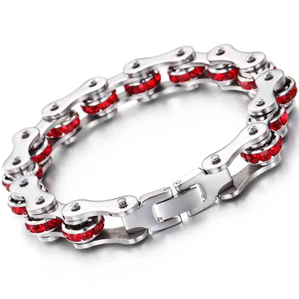 Высококачественный велосипедный браслет из нержавеющей стали, женский красный прозрачный камень, Байкерский велосипед, Мотоциклетная цепь, мужские браслеты, браслет