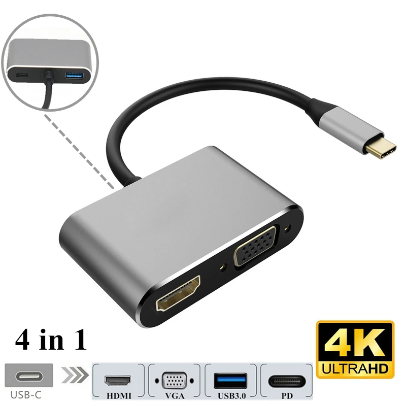 

Type-c To Hdmi Vga Usb Pd Four-in-one for Macbook, Macbook Pro Notebook and Type-C Interface Series Computer/tablet/mobile Phone