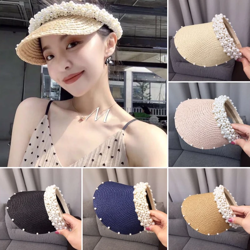 

Summer women's Visor cap handmade pearl empty top hat female shade sunscreen beach sun hat