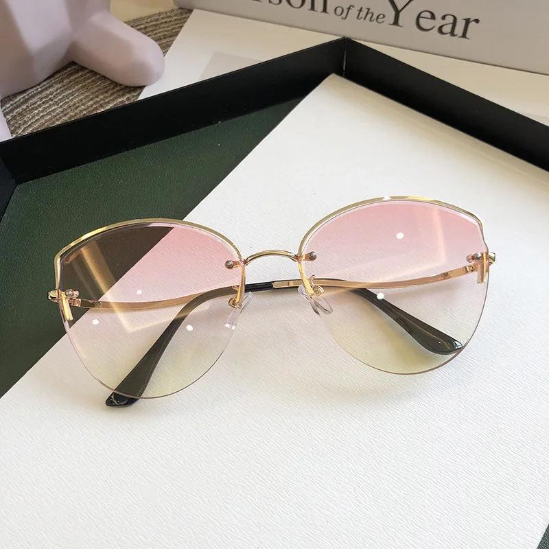 Brand Rimless Sunglasses Women Luxury Cat Eye Sun Glasses Ladies Clear Gradient Sunglass 2022 Diamond Cutting Lenes UV400 big sunglasses for women