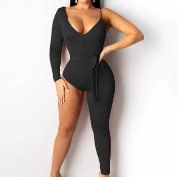 

Sexy Korean Silk One Long Sleeve One Long Pants Jumpsuits Deep V Off One Shoulder Bandage Women Solid Bodysuits Club Playsuits