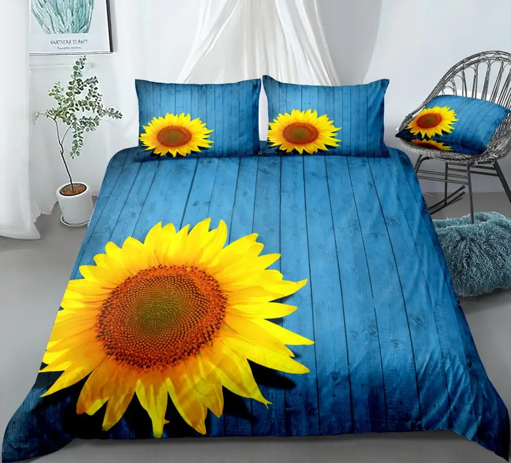 

3D Sunflower Duvet Cover Set Yellow Flower Pattern Printed Blue Bedding Floral Quilt Cover Queen Bed Set Sunflower 3pcs Dropship