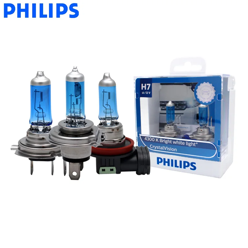 Philips H1 H4 H7 H11 9005 9006 12V Crystal Vision 4300K яркий белый светильник, галогенный автомобильный головной светильник, противотуманные фары+ 2x лампы T10, пара