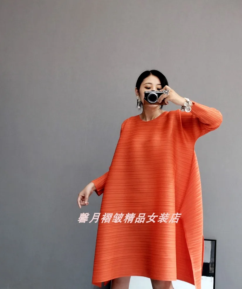 Лидер продаж Miyake модные однотонные складные с круглым воротником Длинные рукава большие трапециевидные платья