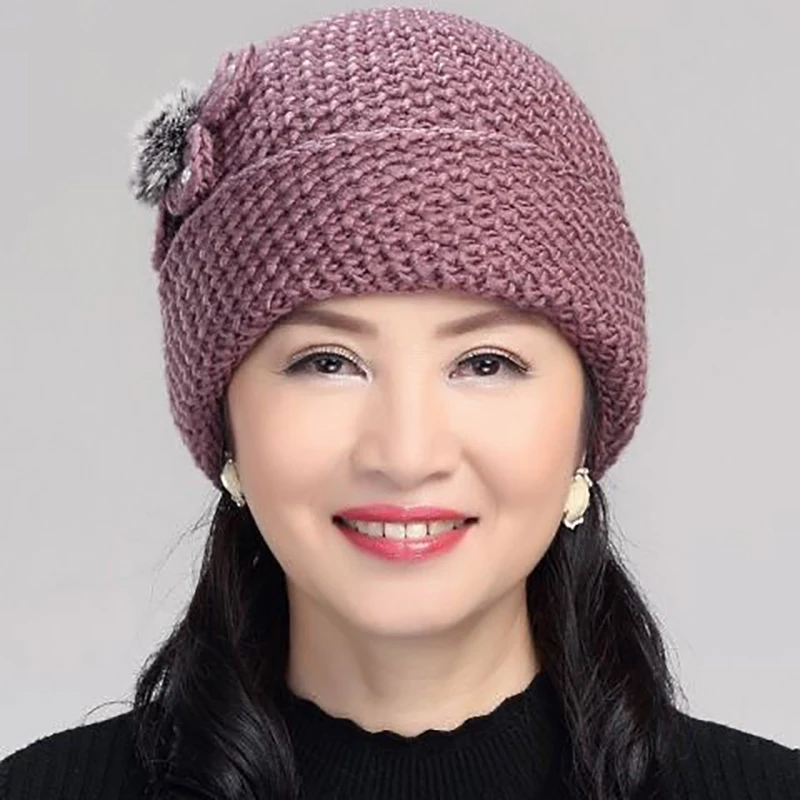 Winter middle-aged and elderly hats Beanies mother warm plus velvet thick woolen knitted hat 4