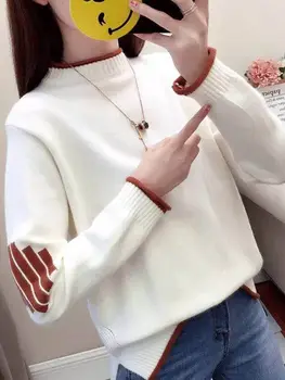 

Early autumn 2020 new small, fresh, sweeter, sweater, female, short, white, half high collar, lazy wind.