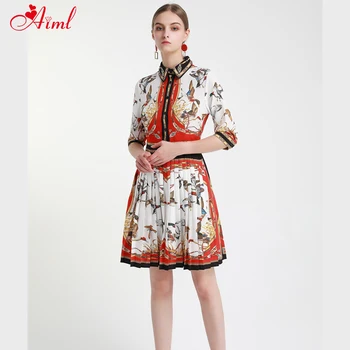 

Designer 2020 Female Fashion Summer Vintage Dress Lapel Bead Bird Print Half sleeve Mini Party Pleated Leisure Dress New Elegant