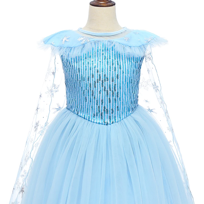 Платье Эльзы для девочек; накидка со снежинками; летние вечерние костюмы Снежной королевы с блестками; Детский карнавальный костюм на Хэллоуин для девочек