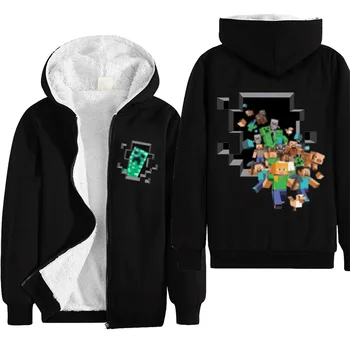 

black Winter Minecrafters Game Kids Boys Zipper Hooded Plush Coats Baby Cartoon Hoodies Children Long Sleeved Girls Tops Clothes