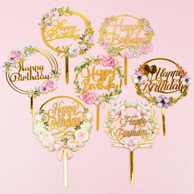 Quadrado redondo flor decoração do bolo de aniversário decoração do bolo de  aniversário decoração do bolo de aniversário feliz aniversário topper -  AliExpress