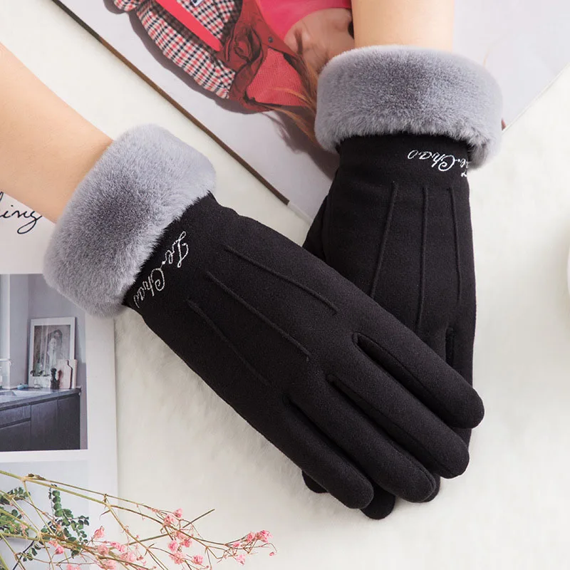 Варежки толстые зимние теплые кашемировые французские романтические стильные перчатки с сенсорным экраном с пятью пальцами для вождения плюшевые женские очаровательные наручные перчатки - Цвет: Черный