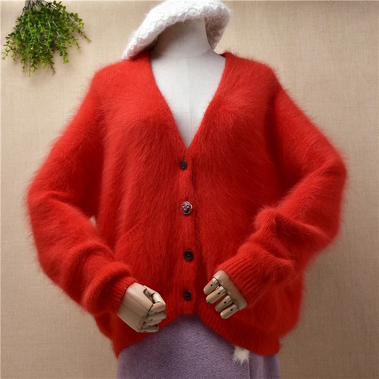 

female women clothing autumn winter hairy angora rabbit hair knitwear long sleeves v-neck loose cardigans mink fur jacket coat