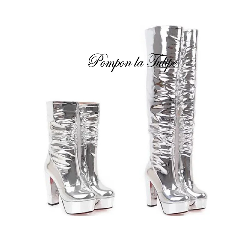 

ZZ 941115 Fancy Catwalk Pointed Toe Patent 13CM High Heel 4CM Platform Plush Fashion Women Long Thigh/Calf Boots Women Shoes