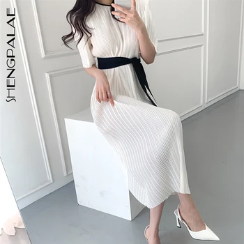 

SHENGPALAE 2020 New Summer Fashion Women Vintage Loose High Waist Slim Was Thin Elegant Folds High Waist Maxi Dress ZA4051